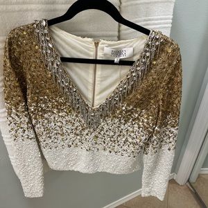 Stunning Badgley Mischka Couture Beaded Gold/White Beaded Top Size 8